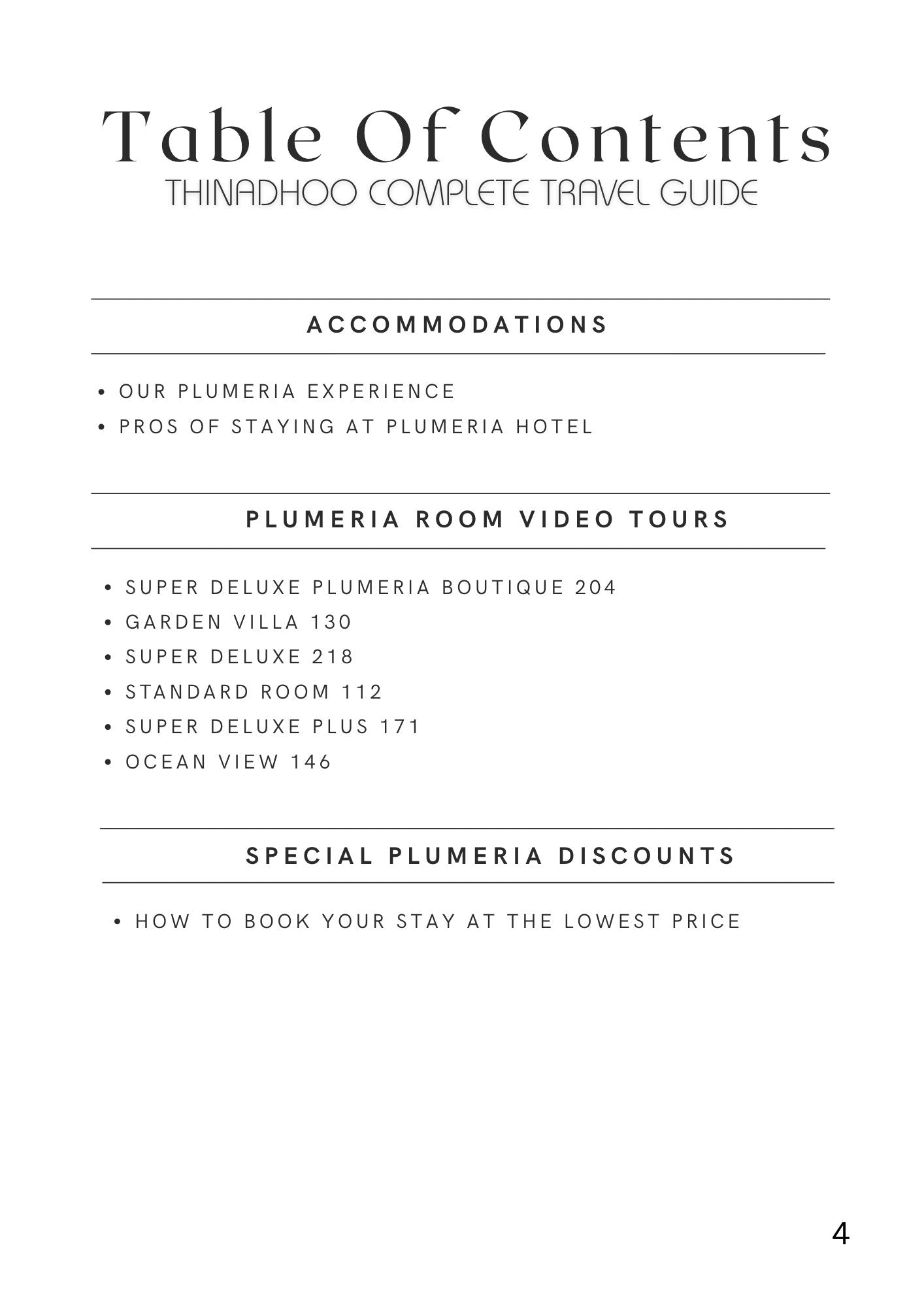 Table of contents outlining Thinadhoo accommodations and Plumeria Hotel room video tours