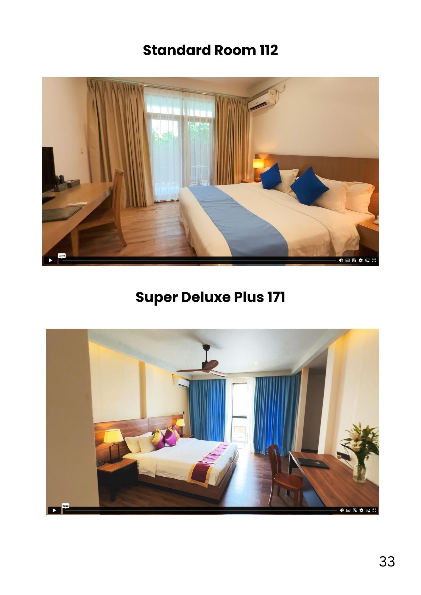 Side-by-side comparison of Standard Room 112 and Super Deluxe Plus Room 171 in Plumeria Hotel on Thinadhoo Island