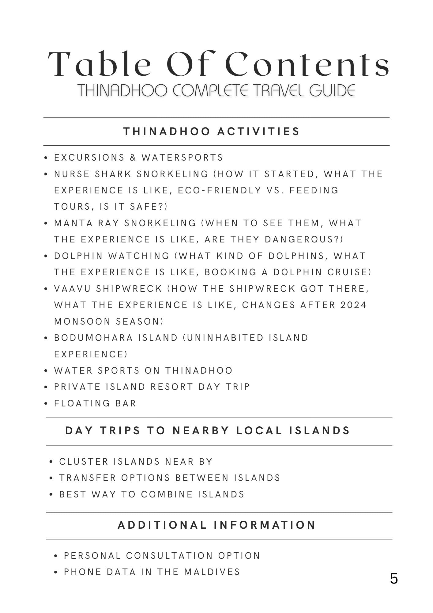 Thinadhoo travel guide table of contents listing excursions, day trips, snorkeling, and nearby islands