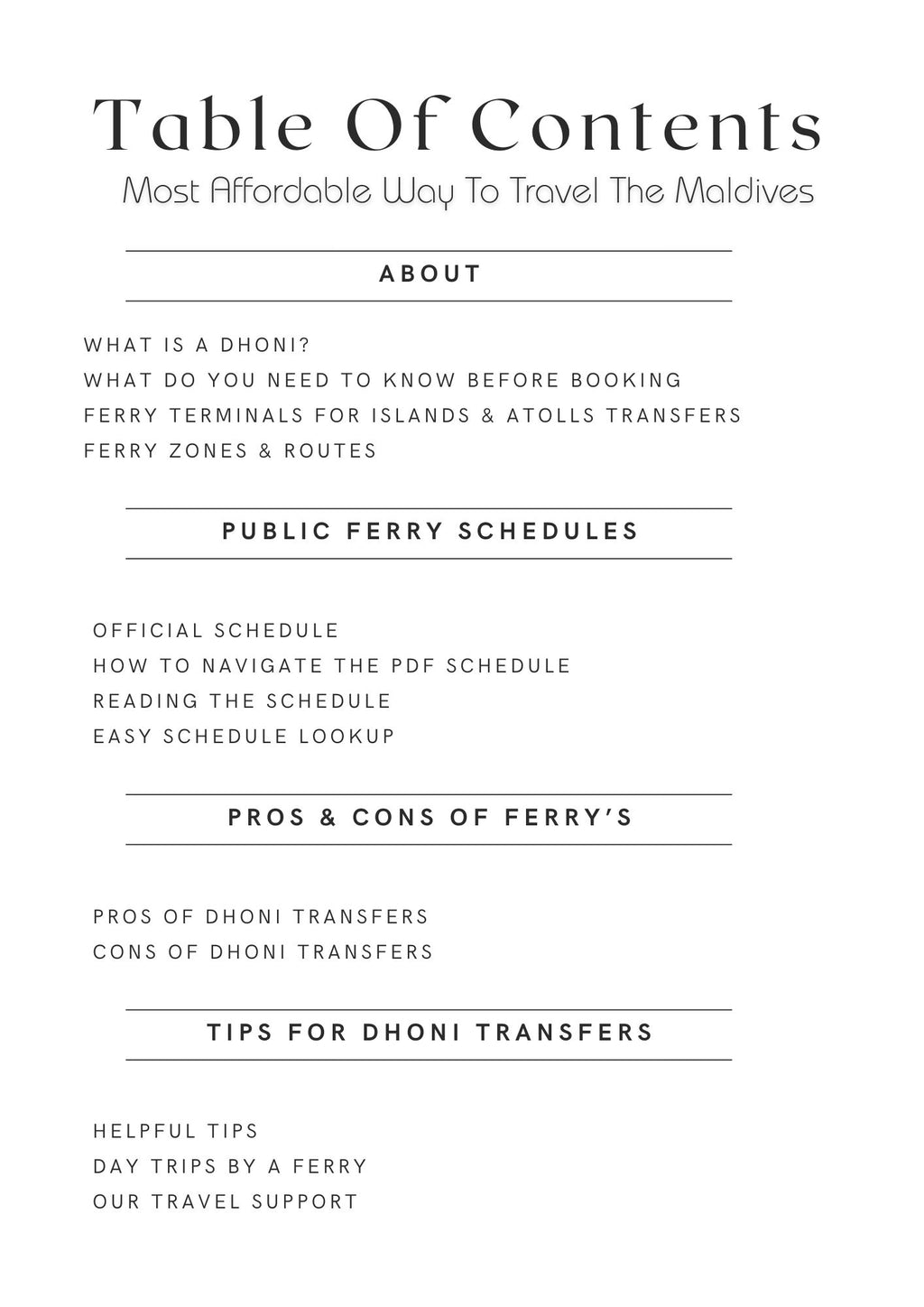 Table of contents for Maldives ferry guide showing routes, schedules, and travel tips