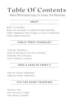 Table of contents for Maldives ferry guide showing routes, schedules, and travel tips