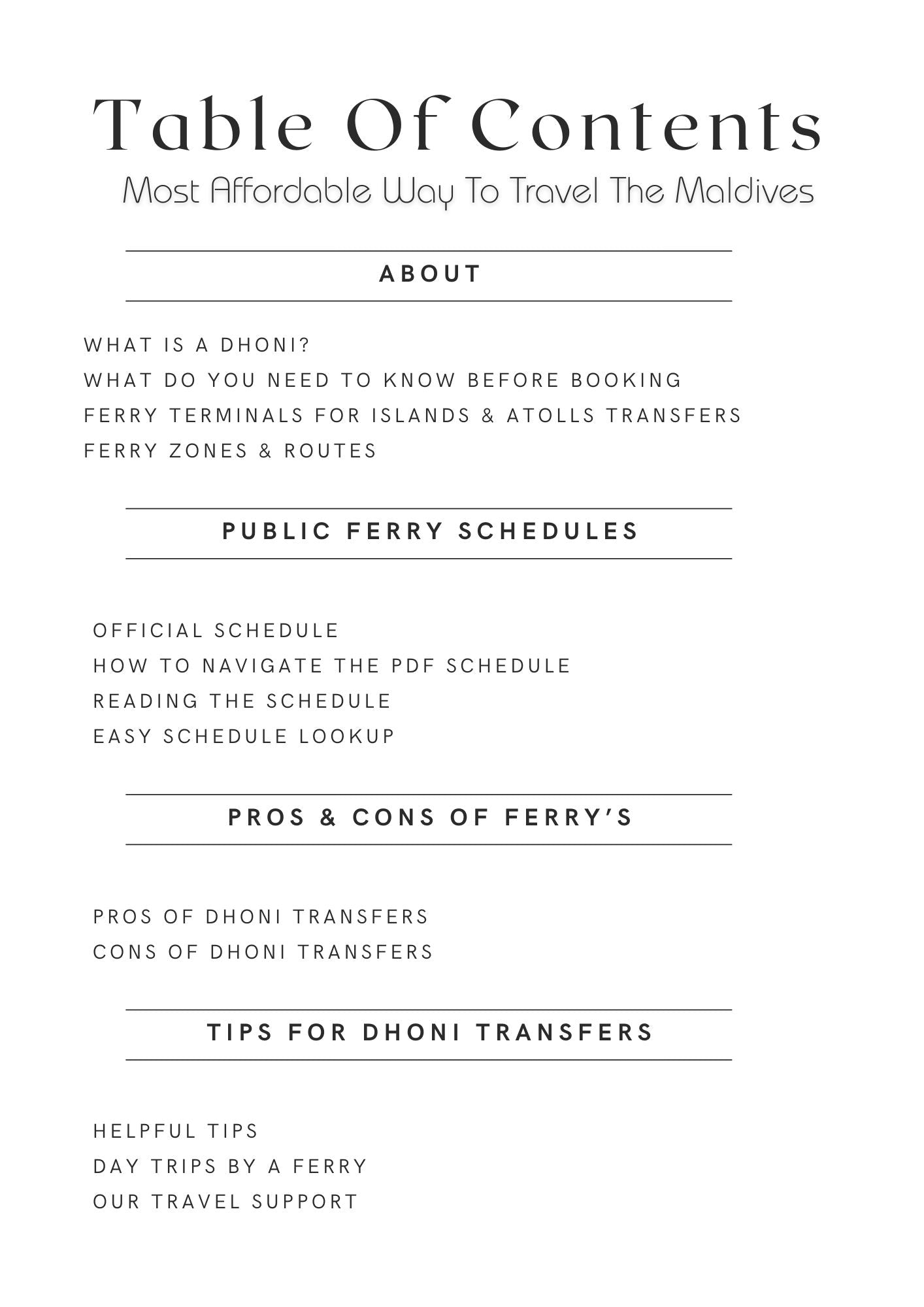 Table of contents for Maldives ferry guide showing routes, schedules, and travel tips