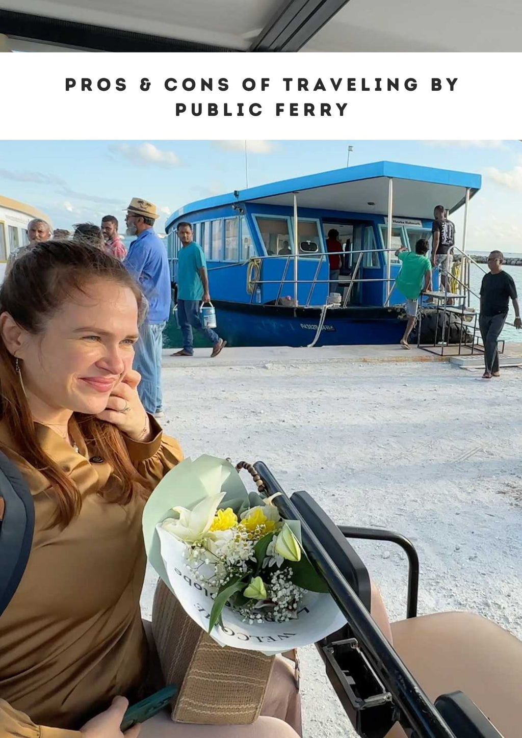 Tourists boarding public ferry in Maldives with woman holding flowers near pier