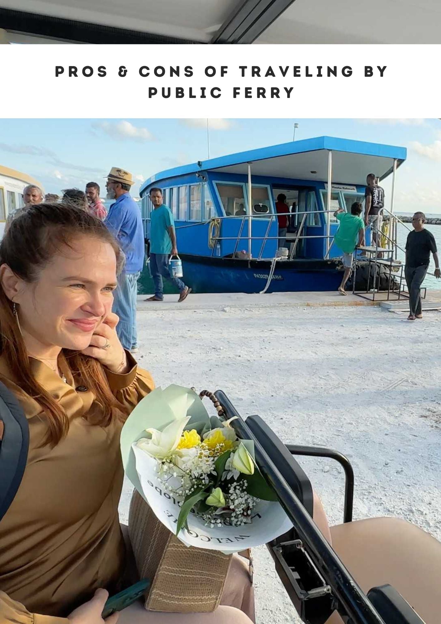 Tourists boarding public ferry in Maldives with woman holding flowers near pier