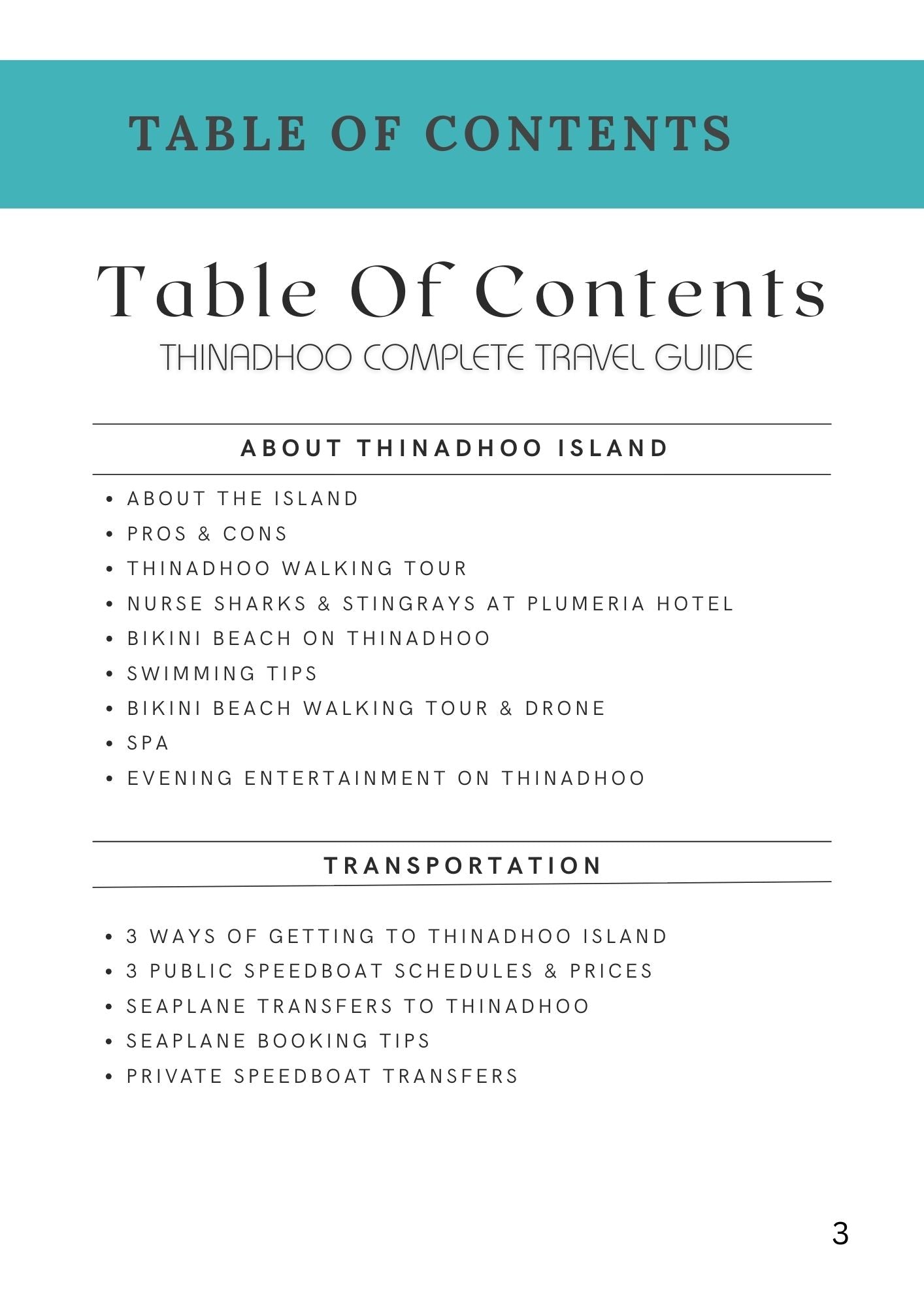 Table of contents from Thinadhoo Maldives travel guide covering island tips and transportation